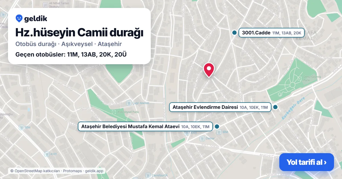 Hz.hüseyin Camii otobüs durağı haritada: konumu ve yakındaki duraklar