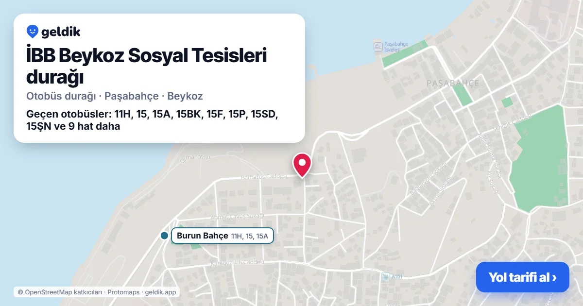 İBB Beykoz Sosyal Tesisleri otobüs durağı haritada: konumu ve yakındaki duraklar
