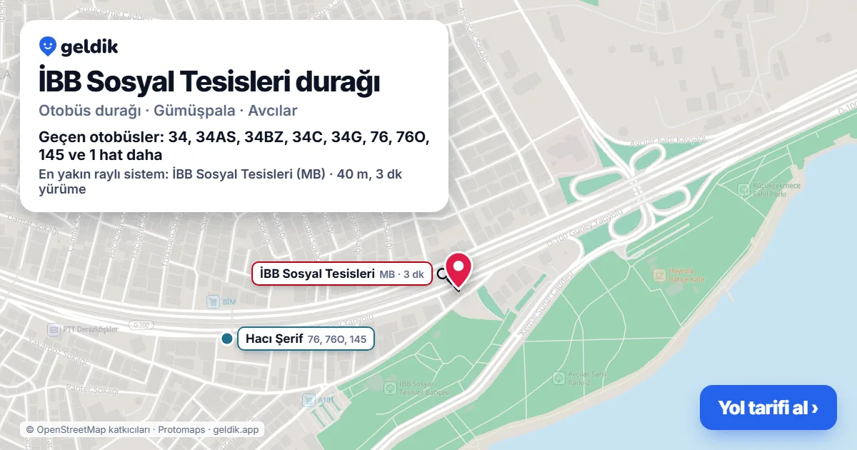 İBB Sosyal Tesisleri otobüs durağı haritada: konumu ve yakındaki duraklar