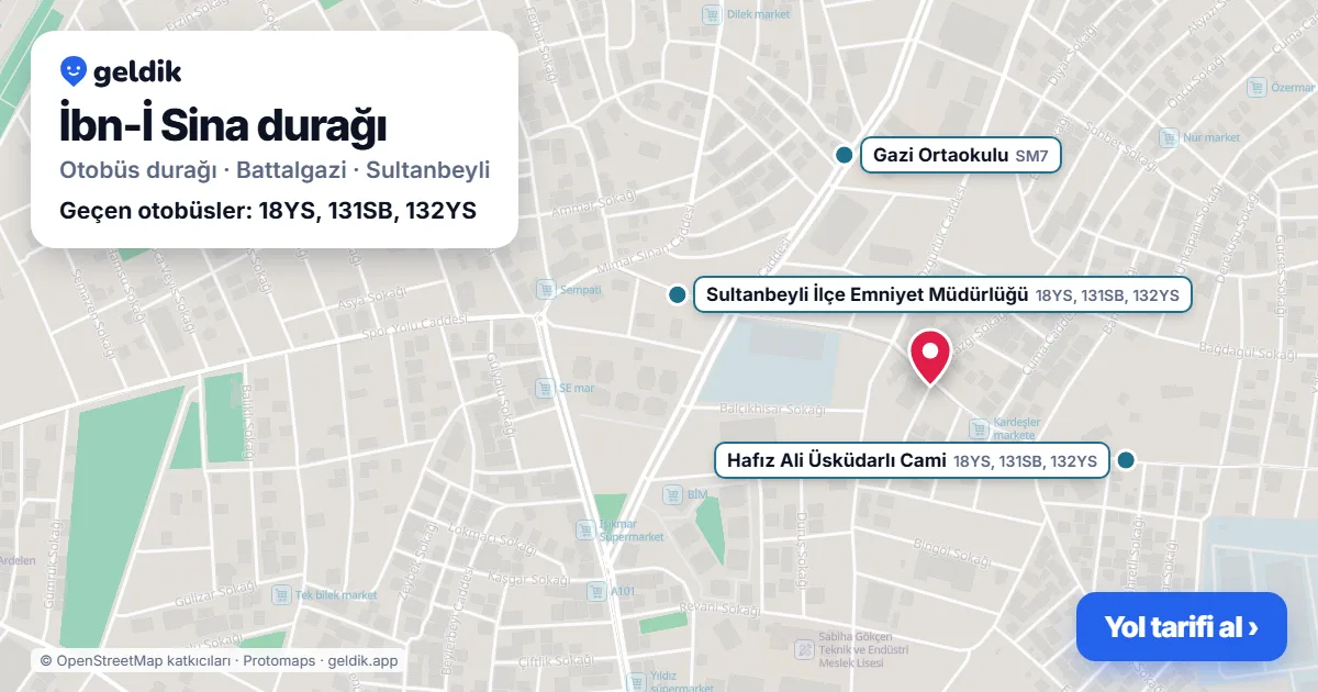 İbn-İ Sina otobüs durağı haritada: konumu ve yakındaki duraklar