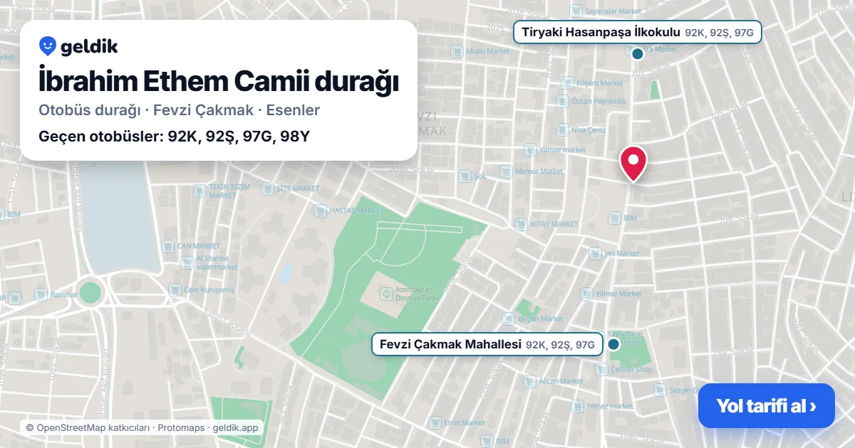 İbrahim Ethem Camii otobüs durağı haritada: konumu ve yakındaki duraklar
