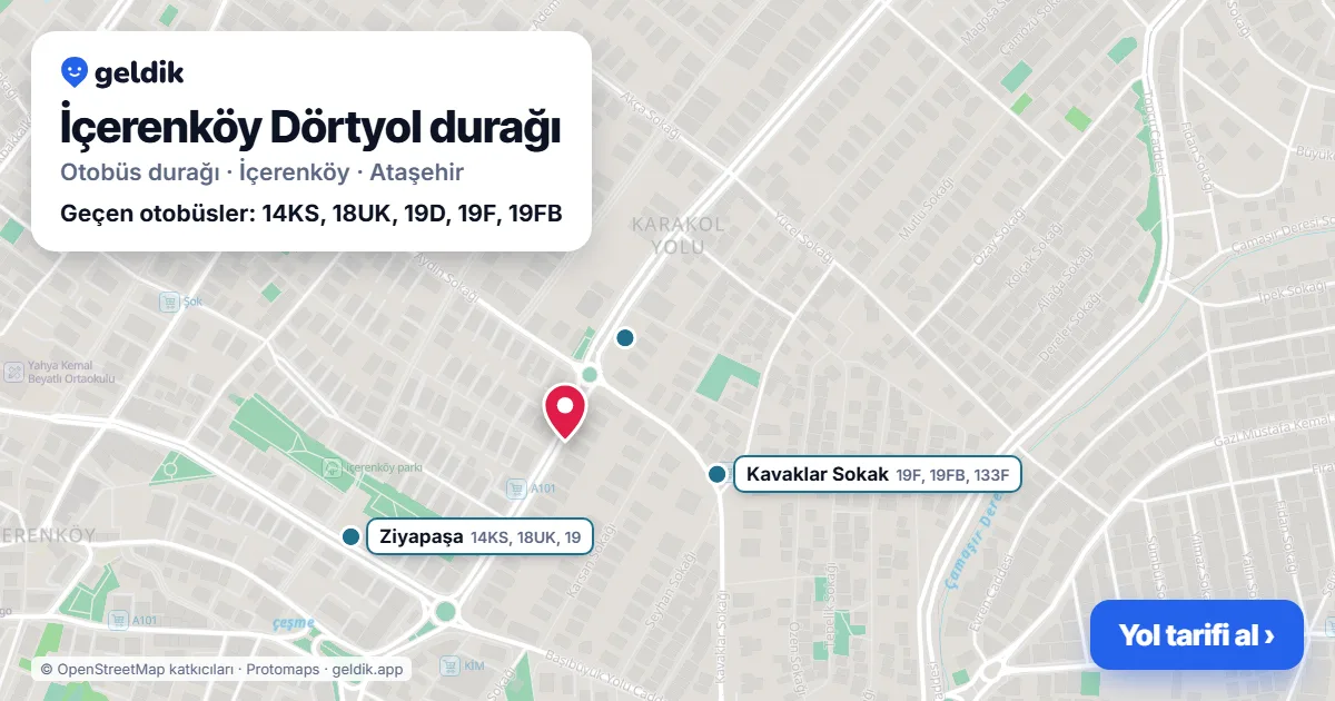 İçerenköy Dörtyol otobüs durağı haritada: konumu ve yakındaki duraklar