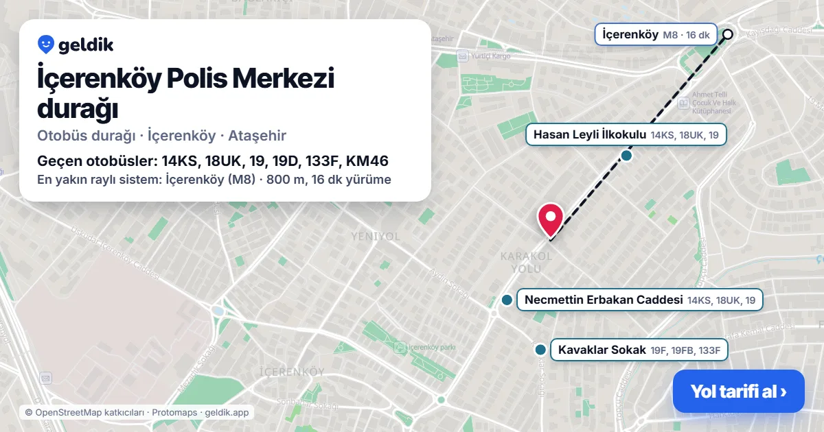 İçerenköy Polis Merkezi otobüs durağı haritada: konumu ve yakındaki duraklar