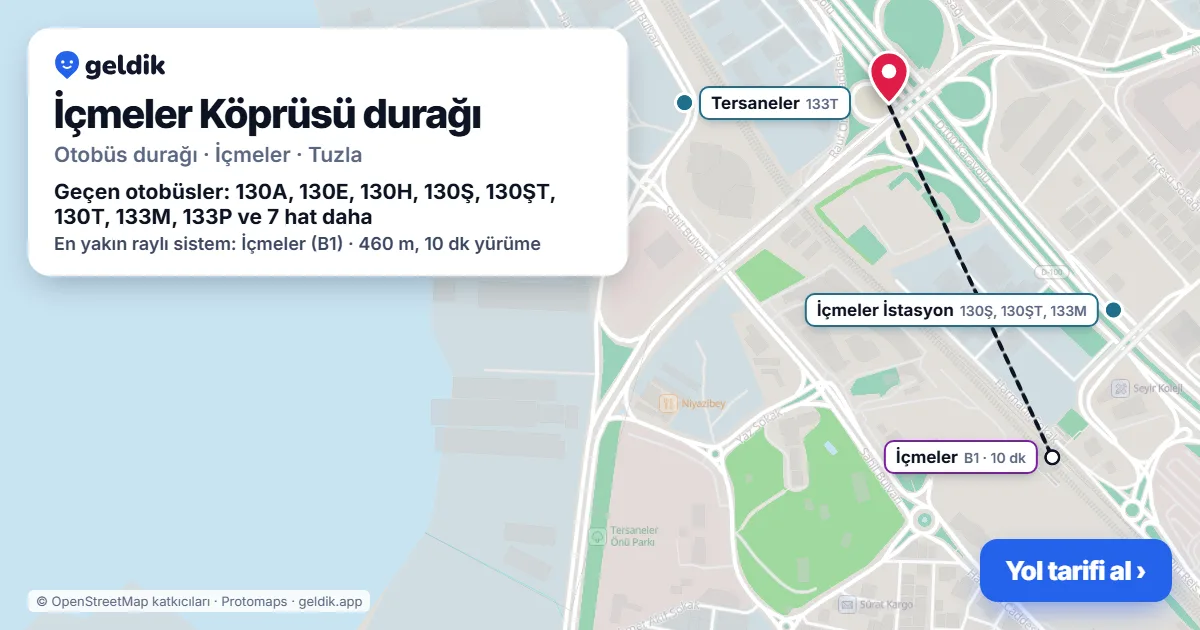 İçmeler Köprüsü otobüs durağı haritada: konumu ve yakındaki duraklar