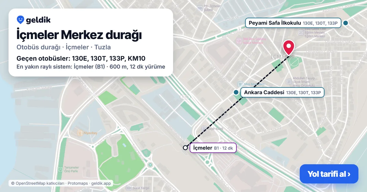 İçmeler Merkez otobüs durağı haritada: konumu ve yakındaki duraklar
