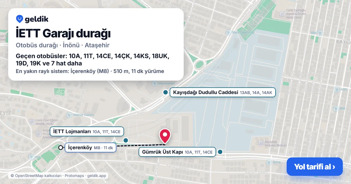 İETT Garajı otobüs durağı haritada: konumu ve yakındaki duraklar