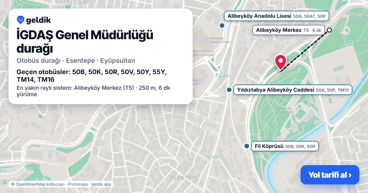 İGDAŞ Genel Müdürlüğü otobüs durağı haritada: konumu ve yakındaki duraklar
