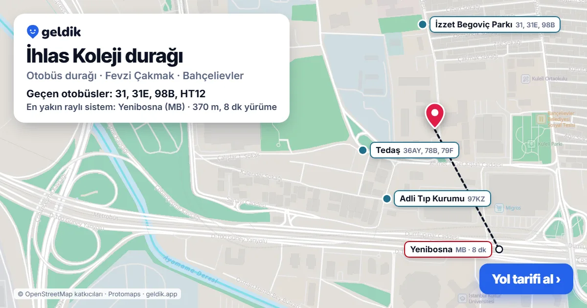 İhlas Koleji otobüs durağı haritada: konumu ve yakındaki duraklar