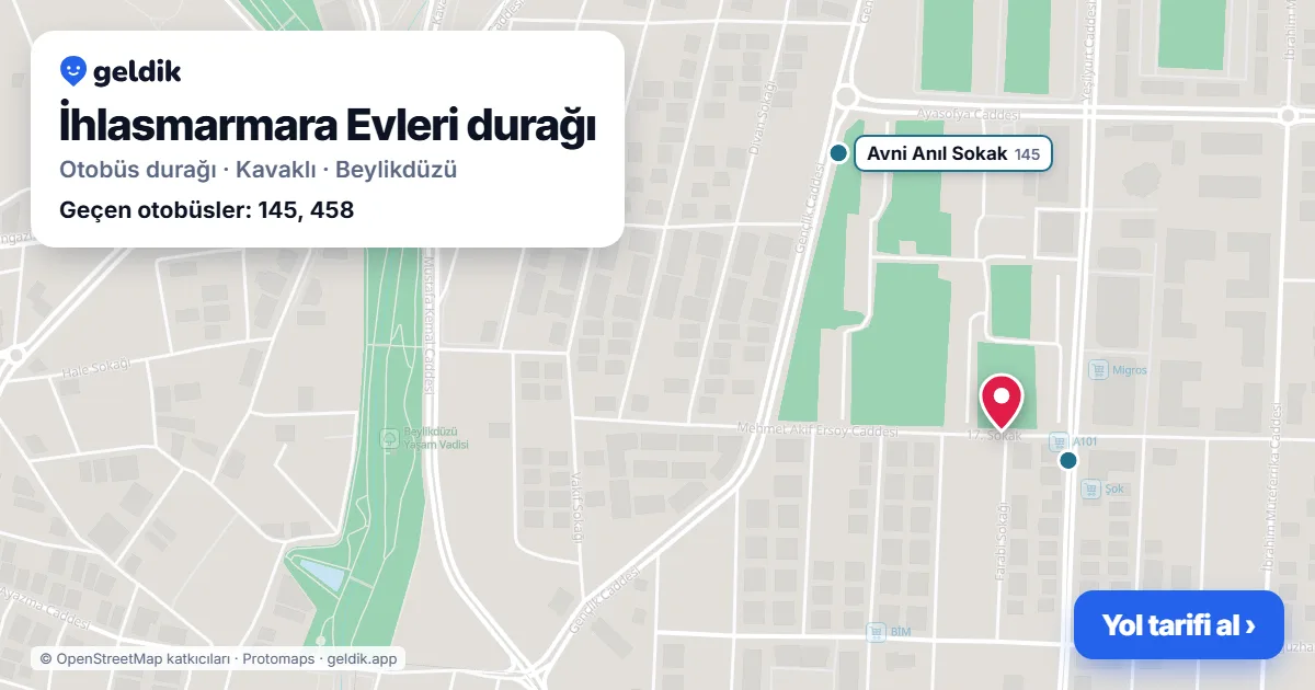 İhlasmarmara Evleri otobüs durağı haritada: konumu ve yakındaki duraklar