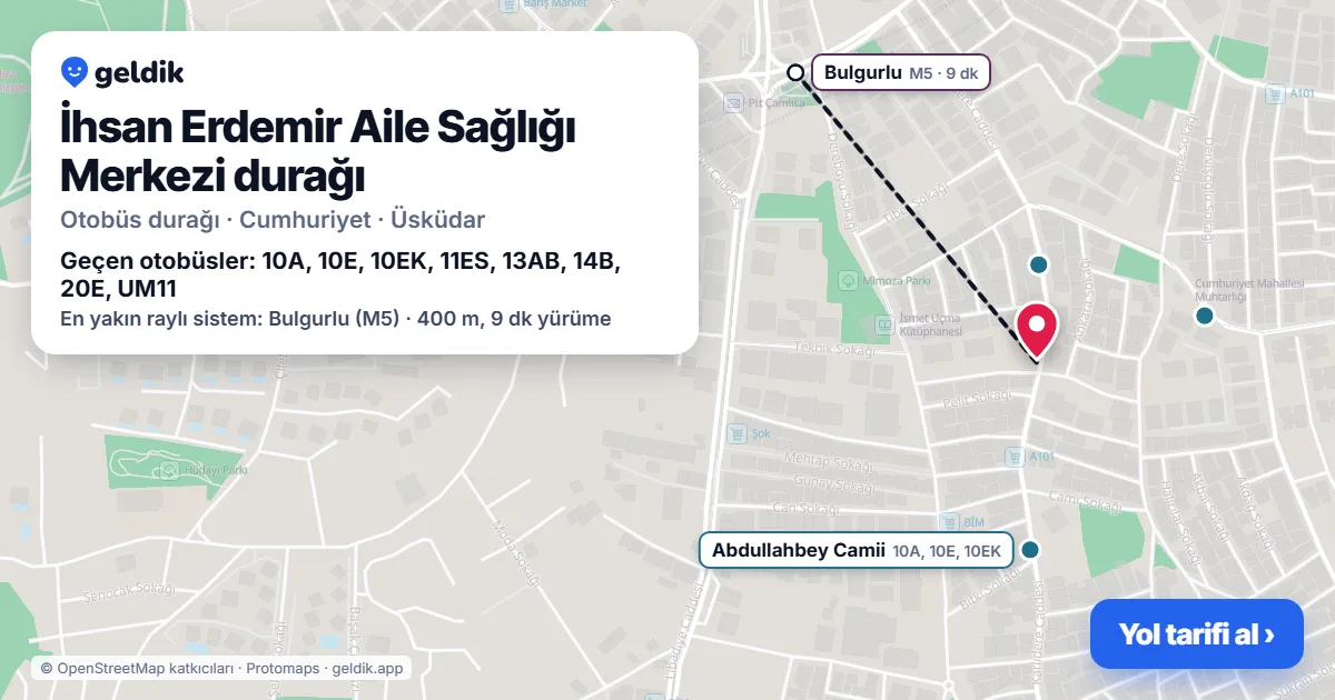 İhsan Erdemir Aile Sağlığı Merkezi otobüs durağı haritada: konumu ve yakındaki duraklar