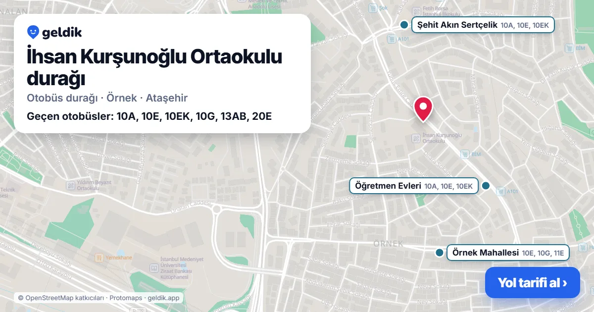 İhsan Kurşunoğlu Ortaokulu otobüs durağı haritada: konumu ve yakındaki duraklar