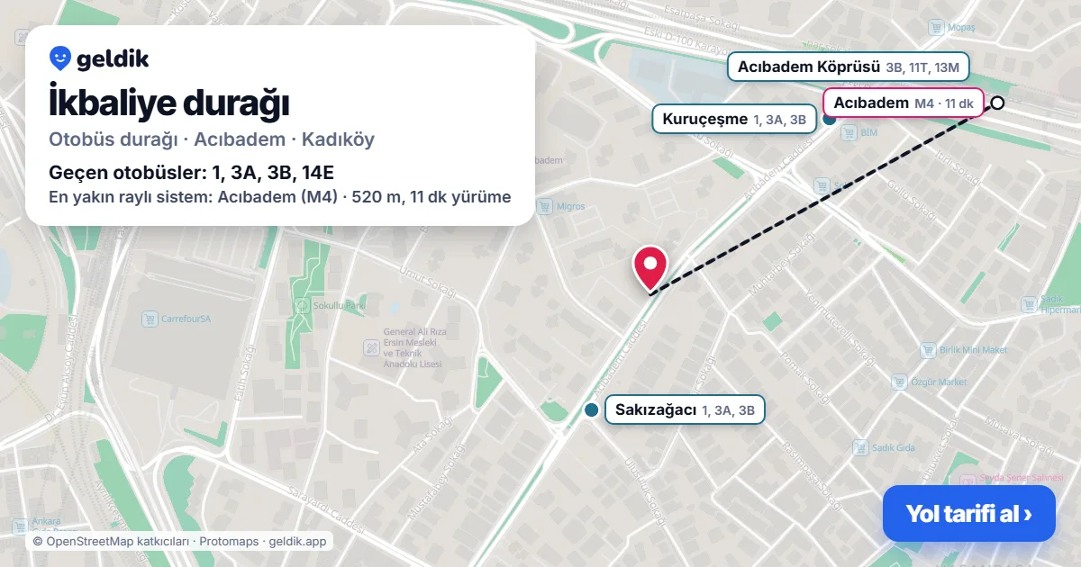 İkbaliye otobüs durağı haritada: konumu ve yakındaki duraklar