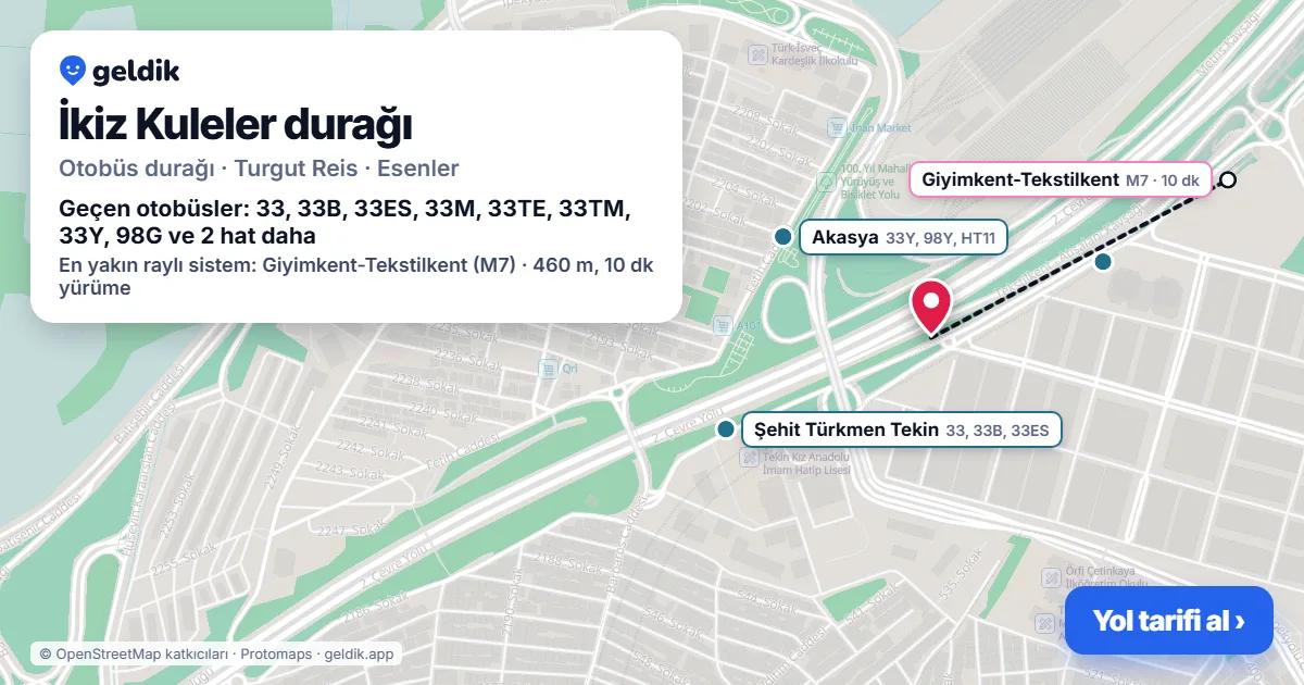 İkiz Kuleler otobüs durağı haritada: konumu ve yakındaki duraklar