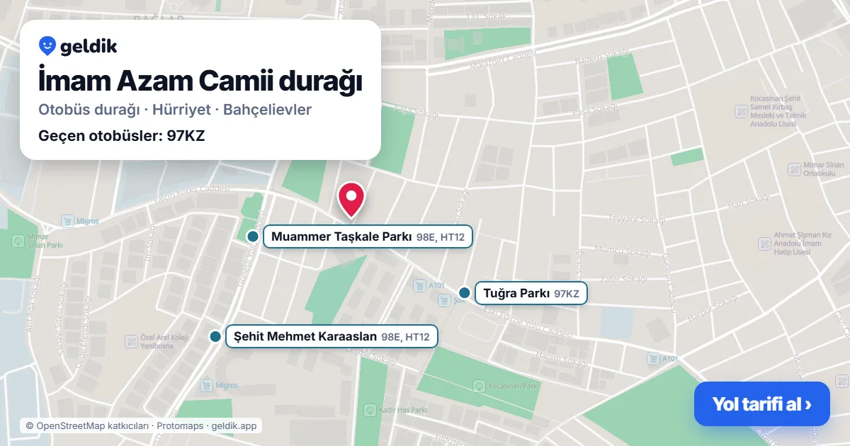 İmam Azam Camii otobüs durağı haritada: konumu ve yakındaki duraklar