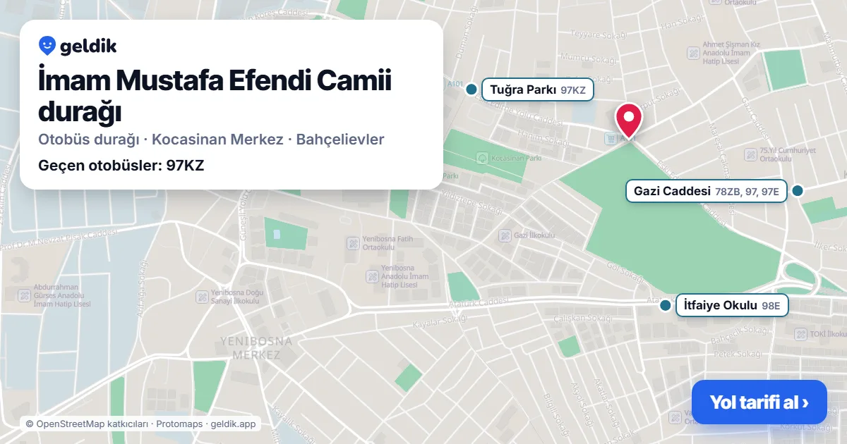 İmam Mustafa Efendi Camii otobüs durağı haritada: konumu ve yakındaki duraklar
