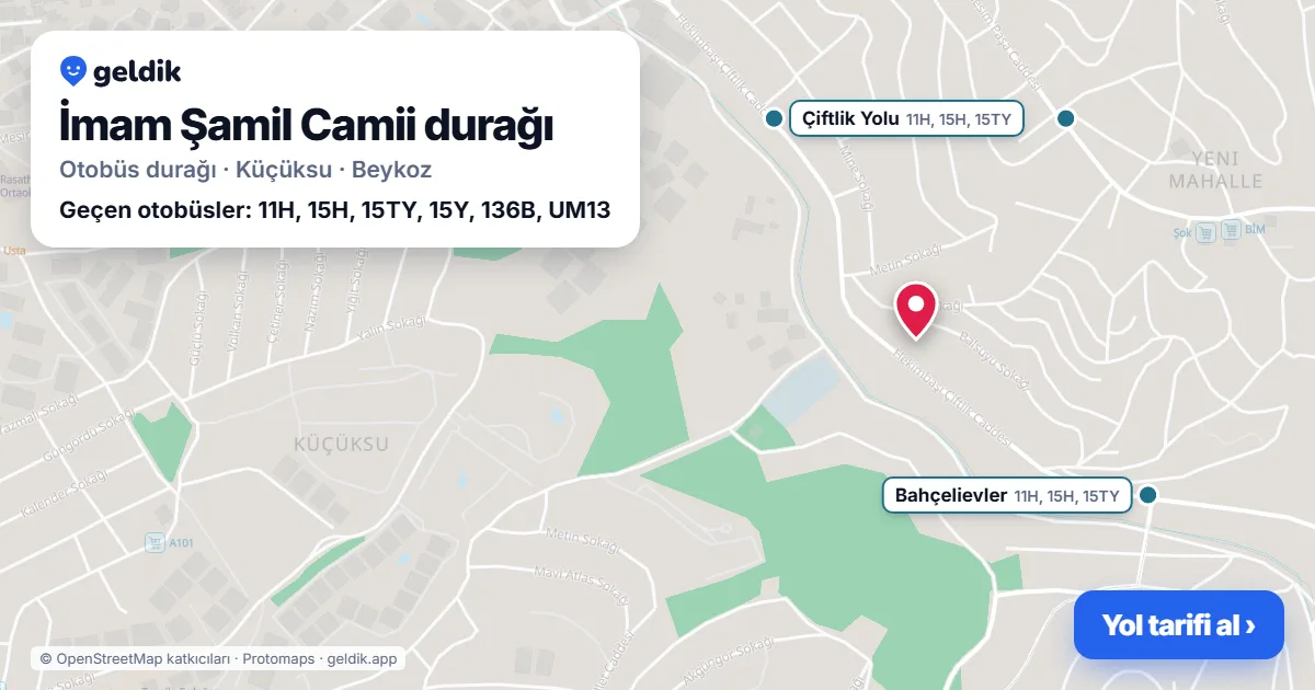 İmam Şamil Camii otobüs durağı haritada: konumu ve yakındaki duraklar
