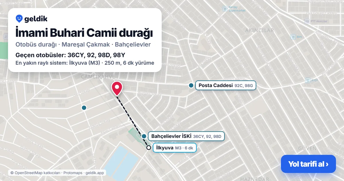 İmami Buhari Camii otobüs durağı haritada: konumu ve yakındaki duraklar