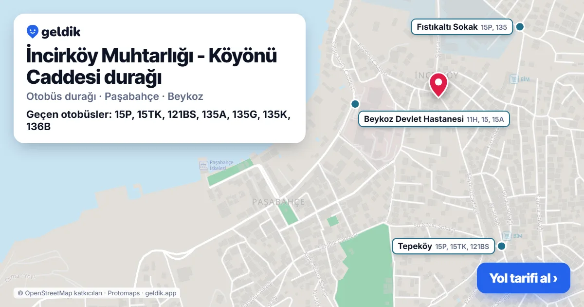 İncirköy Muhtarlığı - Köyönü Caddesi otobüs durağı haritada: konumu ve yakındaki duraklar