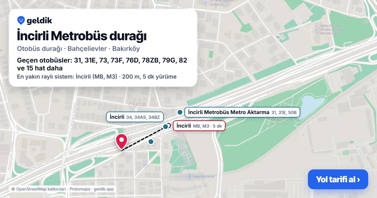 İncirli Metrobüs otobüs durağı haritada: konumu ve yakındaki duraklar