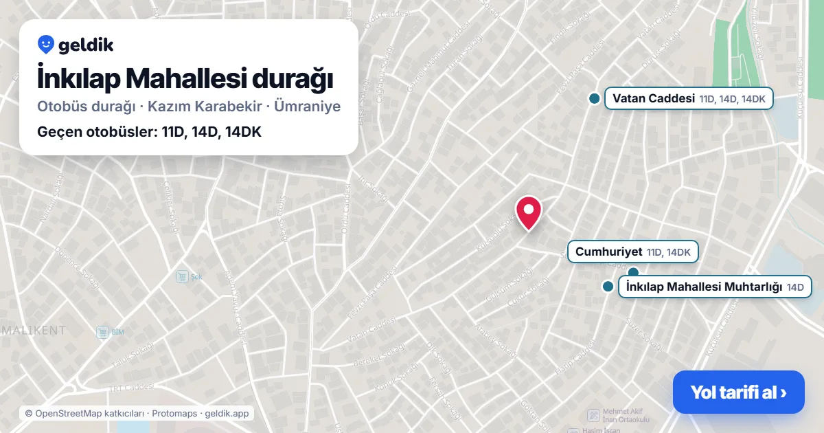 İnkılap Mahallesi otobüs durağı haritada: konumu ve yakındaki duraklar