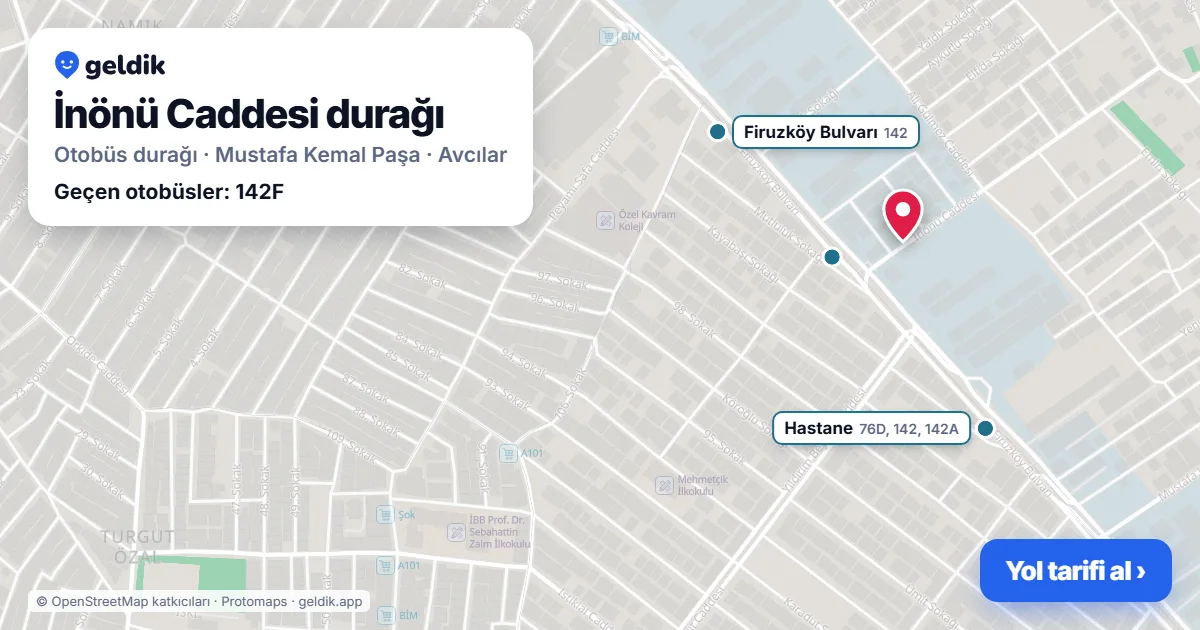 İnönü Caddesi otobüs durağı haritada: konumu ve yakındaki duraklar
