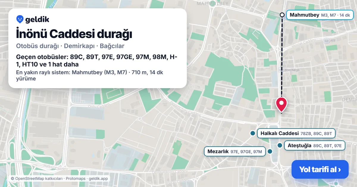 İnönü Caddesi otobüs durağı haritada: konumu ve yakındaki duraklar