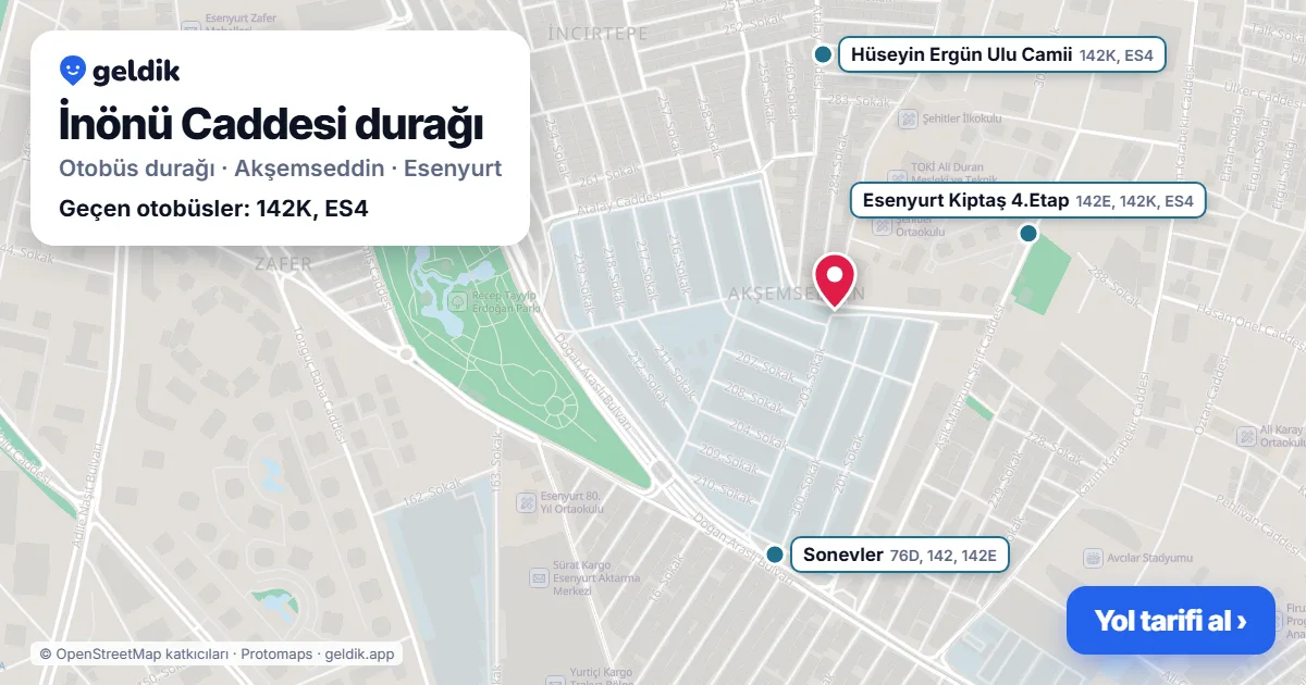 İnönü Caddesi otobüs durağı haritada: konumu ve yakındaki duraklar