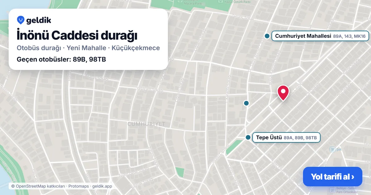 İnönü Caddesi otobüs durağı haritada: konumu ve yakındaki duraklar