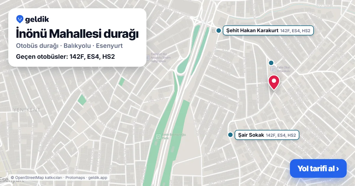 İnönü Mahallesi otobüs durağı haritada: konumu ve yakındaki duraklar