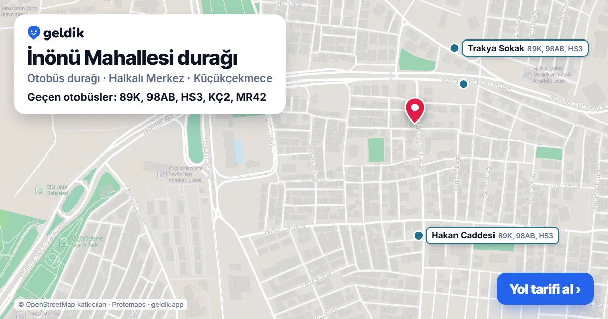 İnönü Mahallesi otobüs durağı haritada: konumu ve yakındaki duraklar