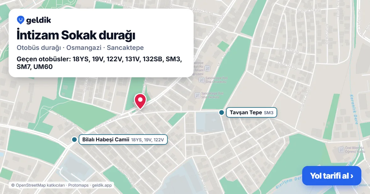 İntizam Sokak otobüs durağı haritada: konumu ve yakındaki duraklar