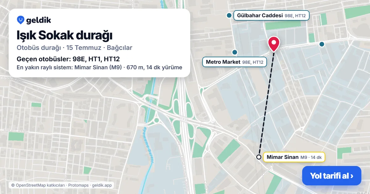 Işık Sokak otobüs durağı haritada: konumu ve yakındaki duraklar