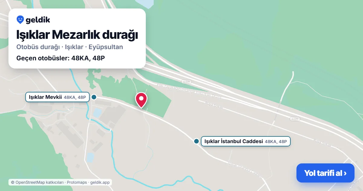 Işıklar Mezarlık otobüs durağı haritada: konumu ve yakındaki duraklar
