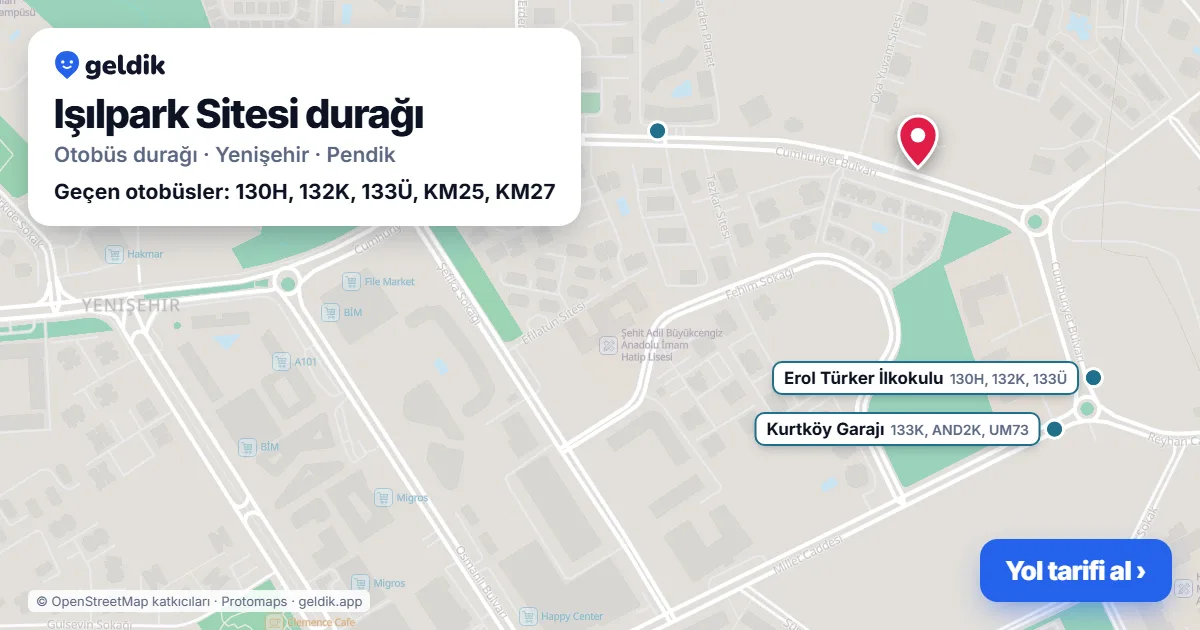 Işılpark Sitesi otobüs durağı haritada: konumu ve yakındaki duraklar
