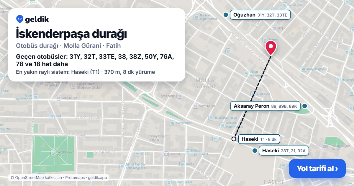İskenderpaşa otobüs durağı haritada: konumu ve yakındaki duraklar