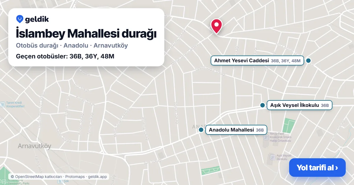 İslambey Mahallesi otobüs durağı haritada: konumu ve yakındaki duraklar