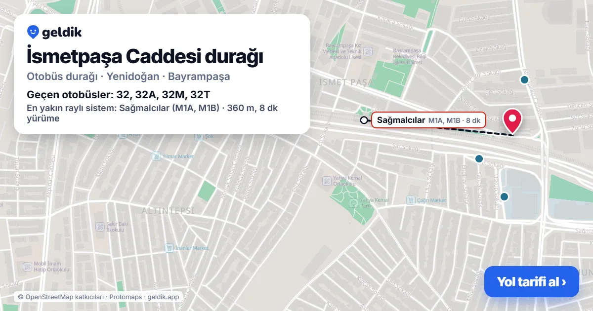 İsmetpaşa Caddesi otobüs durağı haritada: konumu ve yakındaki duraklar