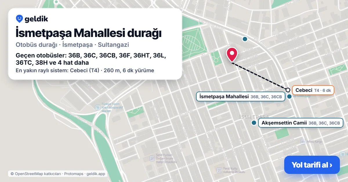 İsmetpaşa Mahallesi otobüs durağı haritada: konumu ve yakındaki duraklar