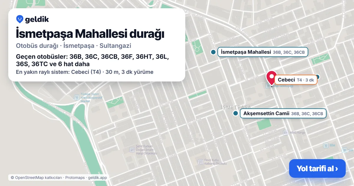 İsmetpaşa Mahallesi otobüs durağı haritada: konumu ve yakındaki duraklar