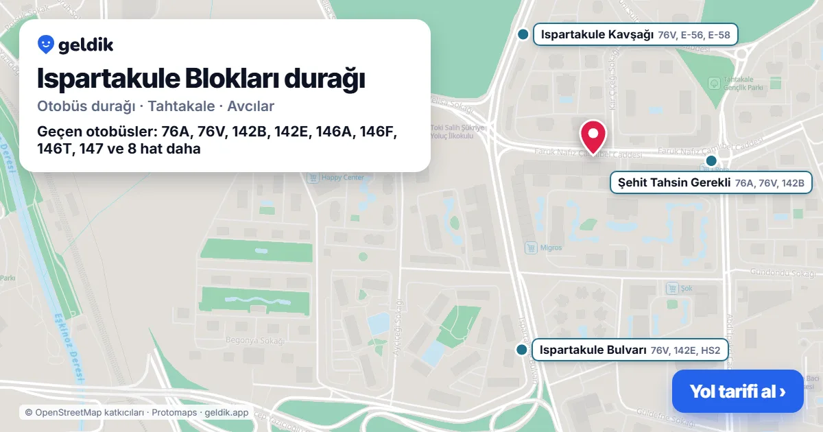Ispartakule Blokları otobüs durağı haritada: konumu ve yakındaki duraklar