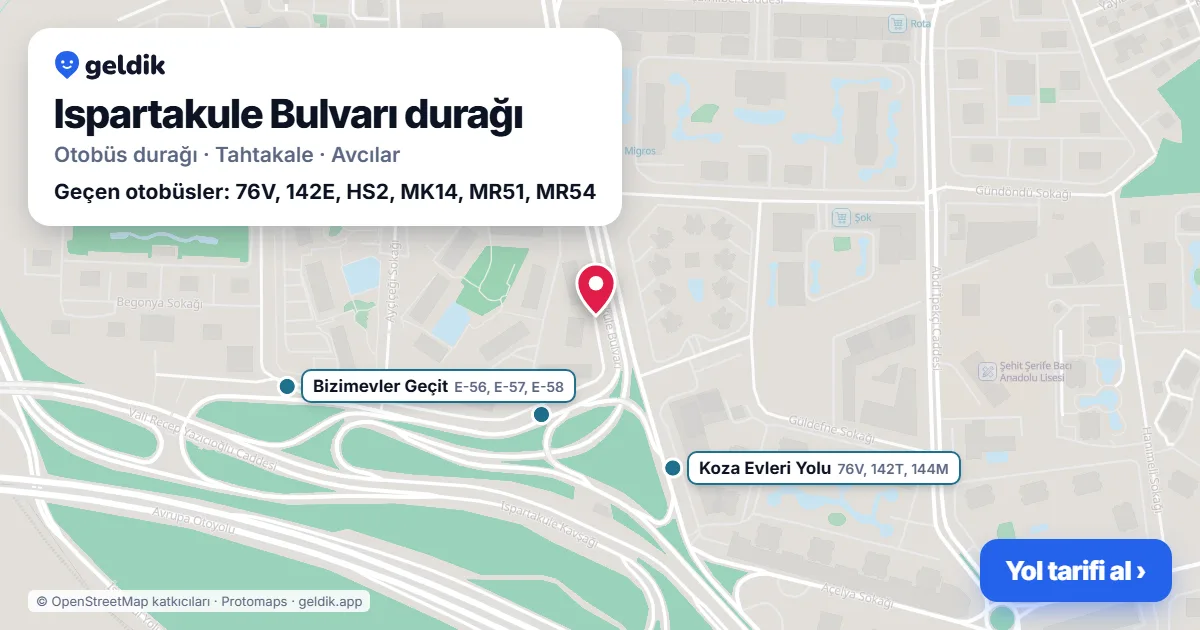 Ispartakule Bulvarı otobüs durağı haritada: konumu ve yakındaki duraklar