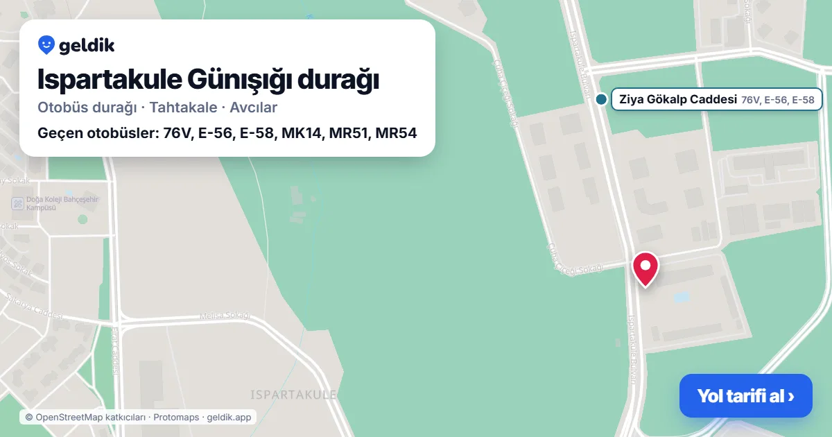 Ispartakule Günışığı otobüs durağı haritada: konumu ve yakındaki duraklar