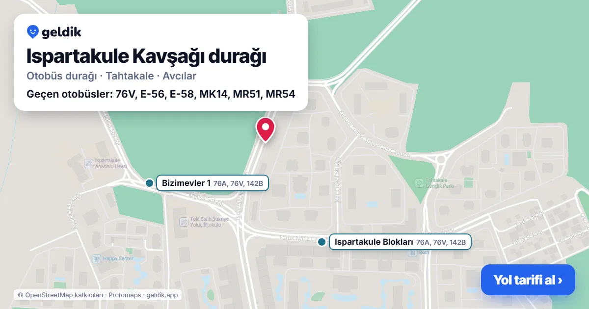 Ispartakule Kavşağı otobüs durağı haritada: konumu ve yakındaki duraklar