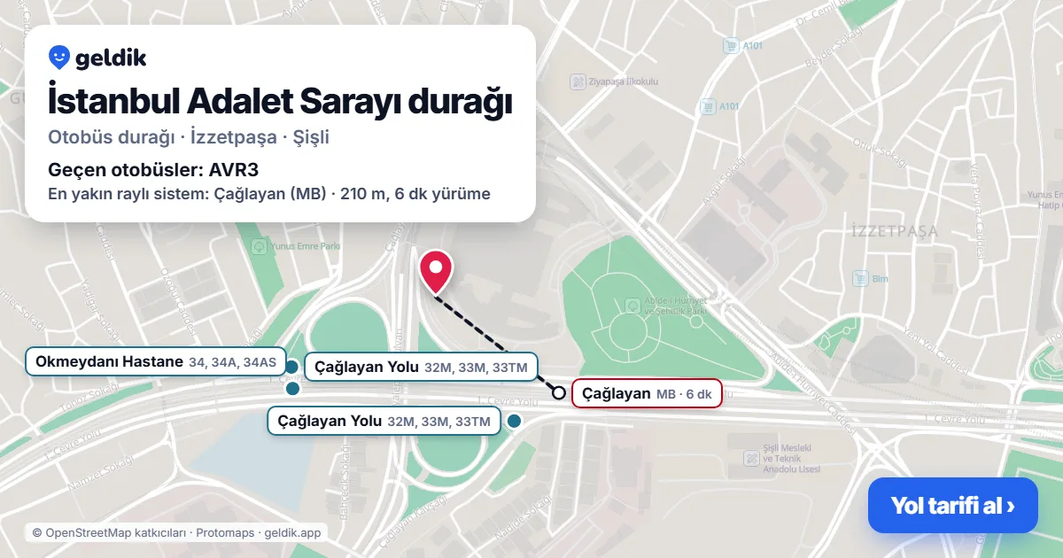 İstanbul Adalet Sarayı otobüs durağı haritada: konumu ve yakındaki duraklar