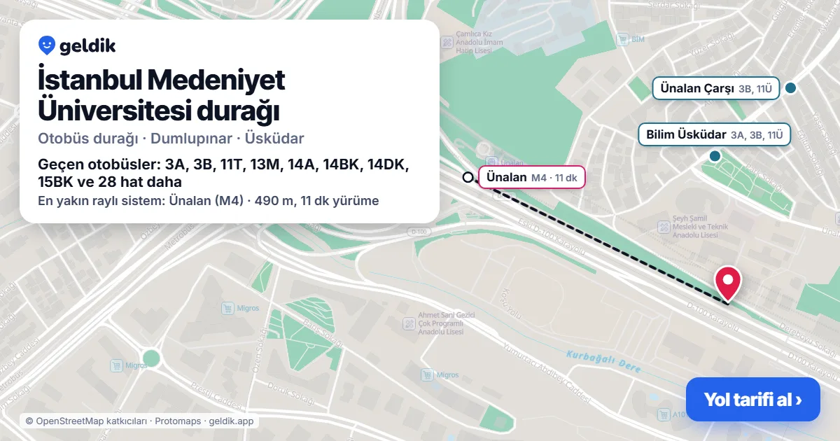 İstanbul Medeniyet Üniversitesi otobüs durağı haritada: konumu ve yakındaki duraklar