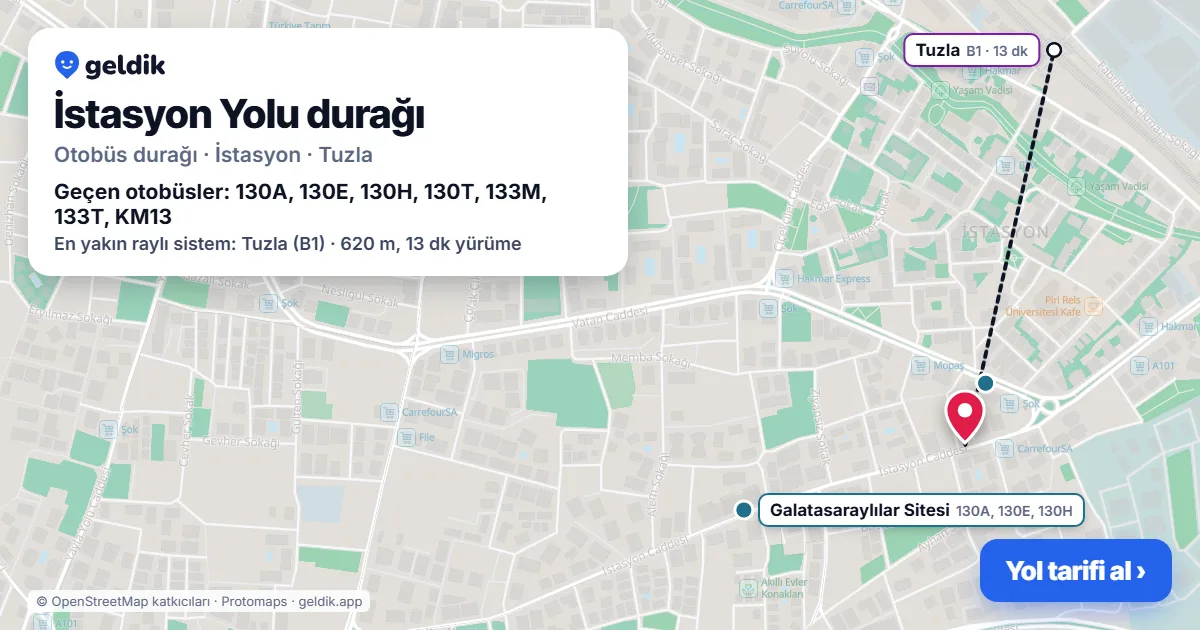İstasyon Yolu otobüs durağı haritada: konumu ve yakındaki duraklar