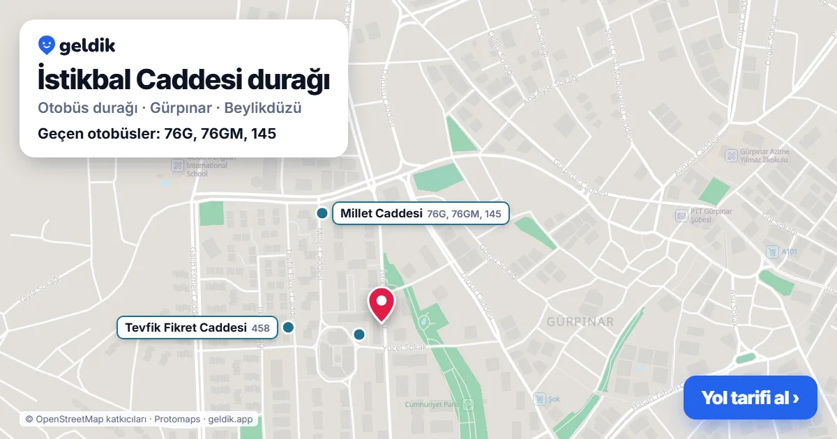İstikbal Caddesi otobüs durağı haritada: konumu ve yakındaki duraklar
