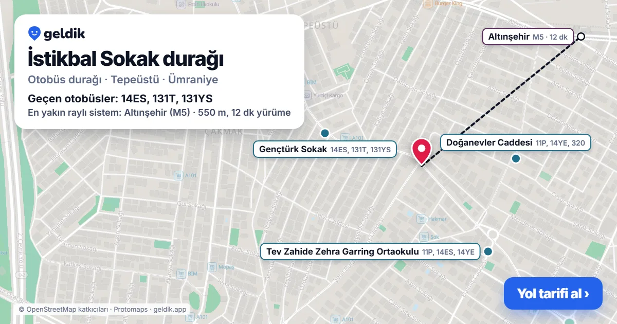 İstikbal Sokak otobüs durağı haritada: konumu ve yakındaki duraklar