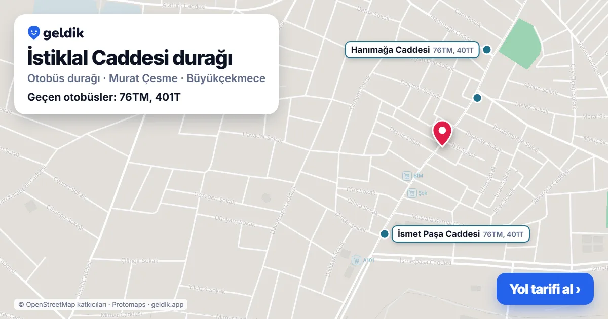 İstiklal Caddesi otobüs durağı haritada: konumu ve yakındaki duraklar