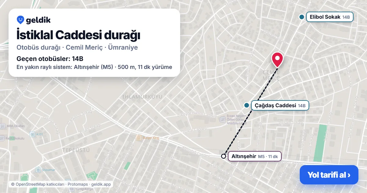 İstiklal Caddesi otobüs durağı haritada: konumu ve yakındaki duraklar